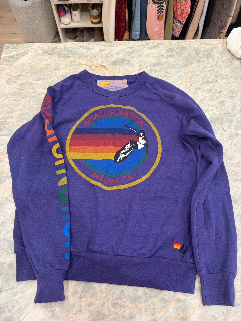 Aviator Nation Purple Crewneck with Rainbow Logo and Sleeve Print